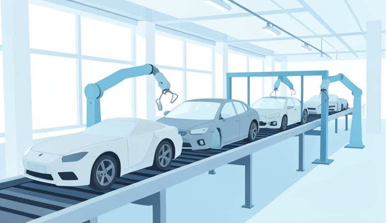 An auto assembly line with generic unbranded car bodies moving along a conveyor in a bright factory