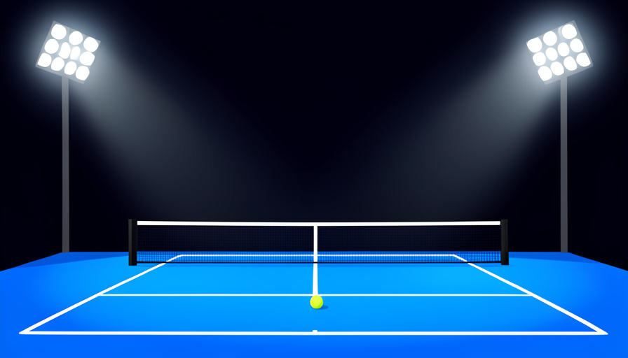An empty blue tennis court at night under bright stadium floodlights with a single ball near the baseline
