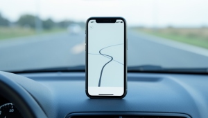 A smartphone mounted on a car dashboard showing a driving app while on the road