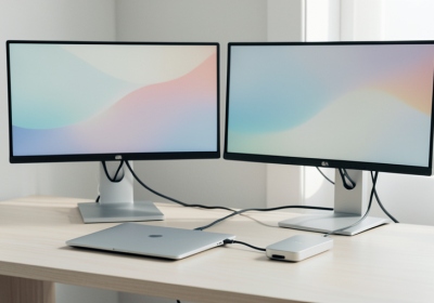 A USB-C docking station on a desk connected to two 4K monitors and a laptop