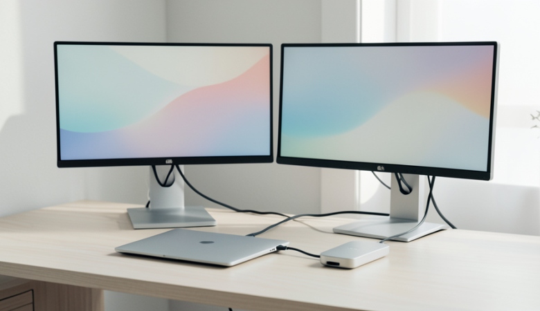 A USB-C docking station on a desk connected to two 4K monitors and a laptop