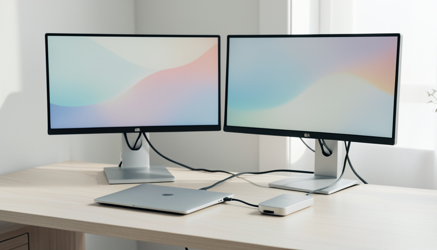 A USB-C docking station on a desk connected to two 4K monitors and a laptop