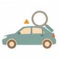 A minimalist illustration of a compact car with a magnifying glass hovering over it and a small orange warning triangle near the hood