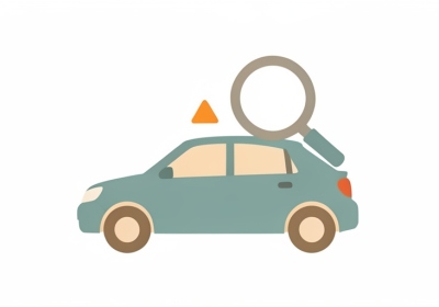 A minimalist illustration of a compact car with a magnifying glass hovering over it and a small orange warning triangle near the hood