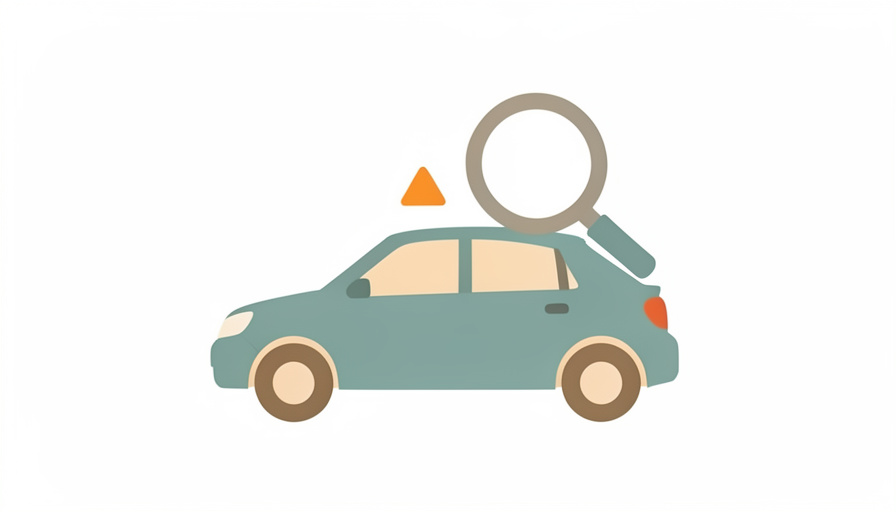 A minimalist illustration of a compact car with a magnifying glass hovering over it and a small orange warning triangle near the hood