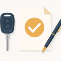Flat illustration of a car key, a document with a checkmark, and a pen representing used car paperwork