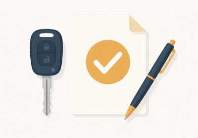 Flat illustration of a car key, a document with a checkmark, and a pen representing used car paperwork
