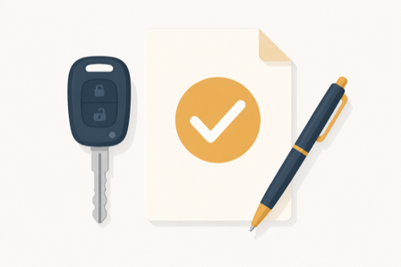 Flat illustration of a car key, a document with a checkmark, and a pen representing used car paperwork