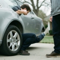 A used car parked in a driveway with a buyer inspecting it during a private sale