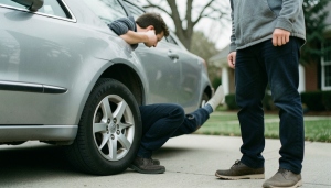 A used car parked in a driveway with a buyer inspecting it during a private sale