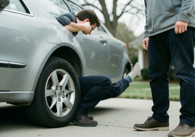 A used car parked in a driveway with a buyer inspecting it during a private sale