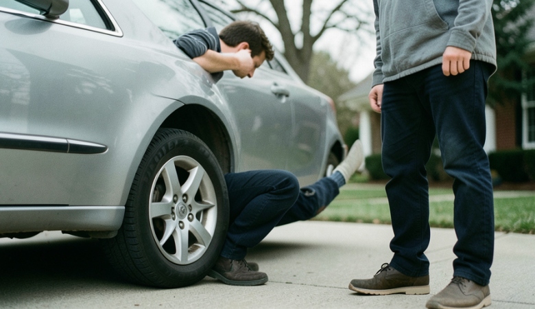A used car parked in a driveway with a buyer inspecting it during a private sale
