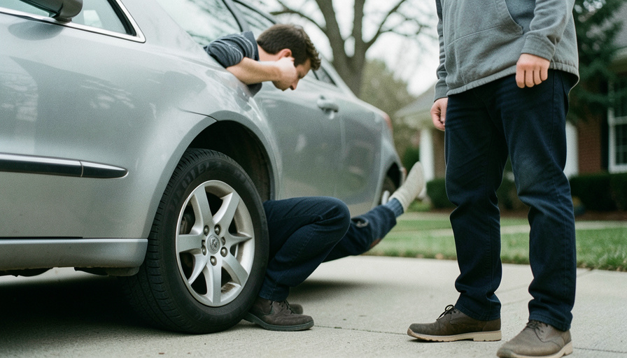 A used car parked in a driveway with a buyer inspecting it during a private sale