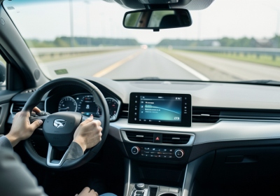 A driver's hands near the wheel of an electric car with a driver-assistance display on the dashboard