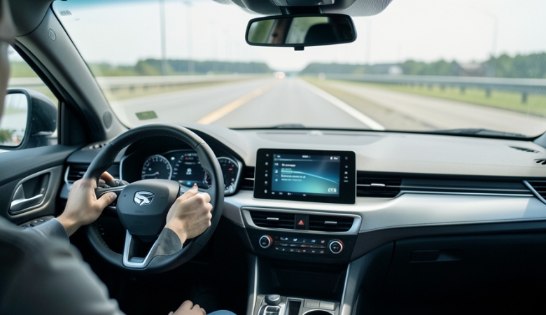 A driver's hands near the wheel of an electric car with a driver-assistance display on the dashboard