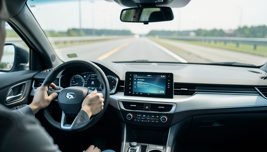 A driver's hands near the wheel of an electric car with a driver-assistance display on the dashboard