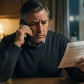 A person looking worried while holding a phone and a paper utility bill at a kitchen table