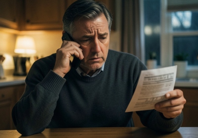 A person looking worried while holding a phone and a paper utility bill at a kitchen table