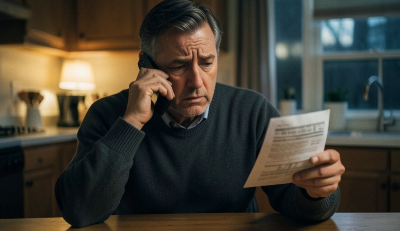 A person looking worried while holding a phone and a paper utility bill at a kitchen table