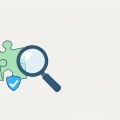 A jigsaw puzzle piece beside a magnifying glass and a small shield icon with a checkmark