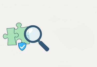 A jigsaw puzzle piece beside a magnifying glass and a small shield icon with a checkmark