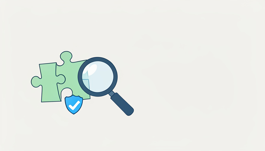 A jigsaw puzzle piece beside a magnifying glass and a small shield icon with a checkmark