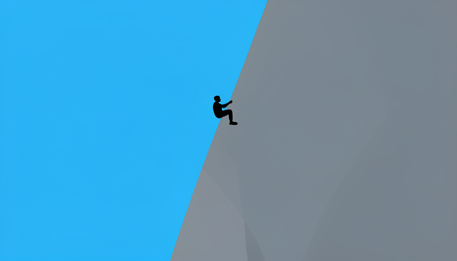 A small silhouette of a rock climber high on a tall vertical granite cliff against a blue sky