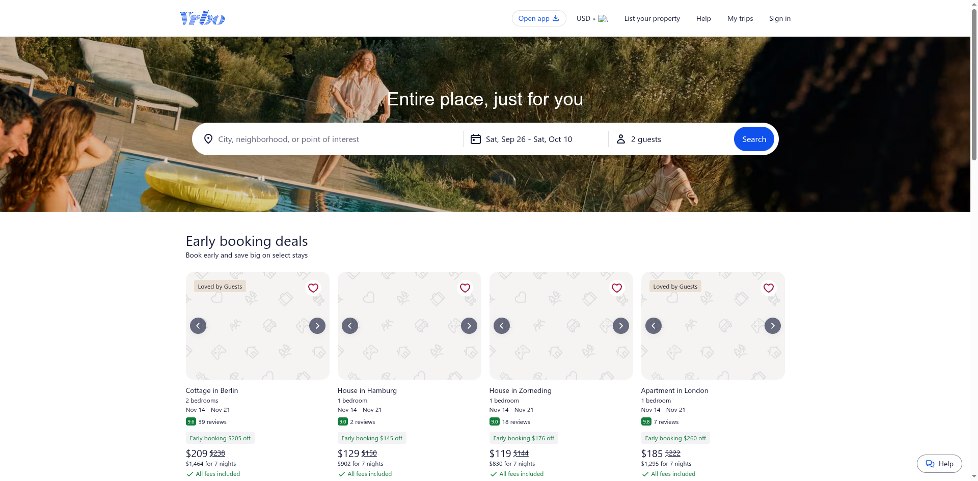 Vrbo whole-home vacation rentals homepage