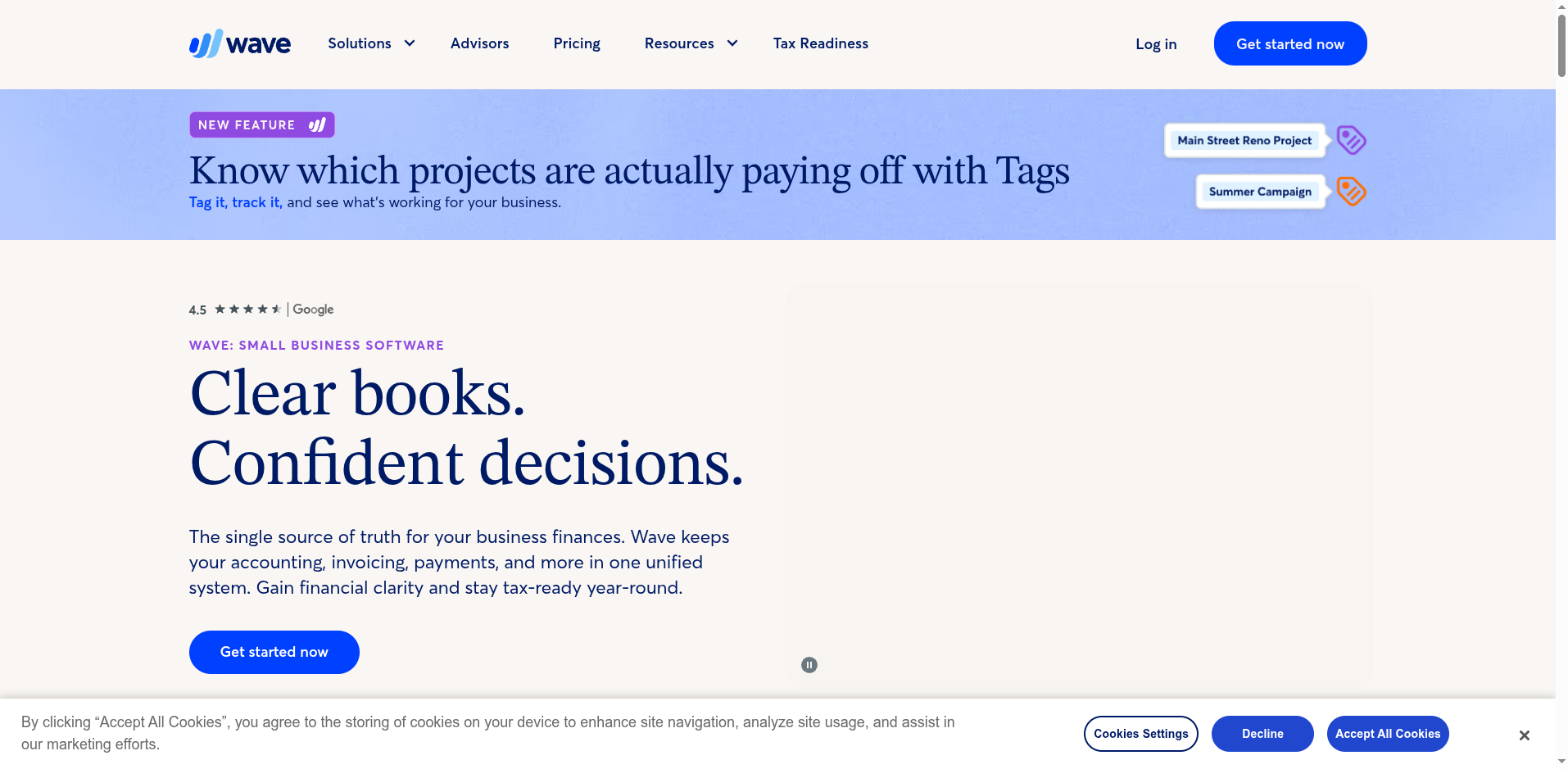 Wave small business software homepage with the tagline Clear books, confident decisions