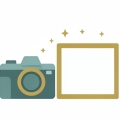 A minimalist illustration of a camera next to a blank framed photo with small sparkle icons suggesting AI editing