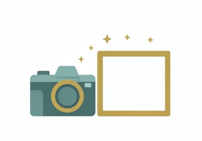 A minimalist illustration of a camera next to a blank framed photo with small sparkle icons suggesting AI editing