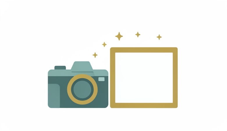 A minimalist illustration of a camera next to a blank framed photo with small sparkle icons suggesting AI editing