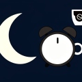 A crescent moon and a blank-faced alarm clock at night beside a crossed-out coffee cup
