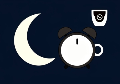 A crescent moon and a blank-faced alarm clock at night beside a crossed-out coffee cup