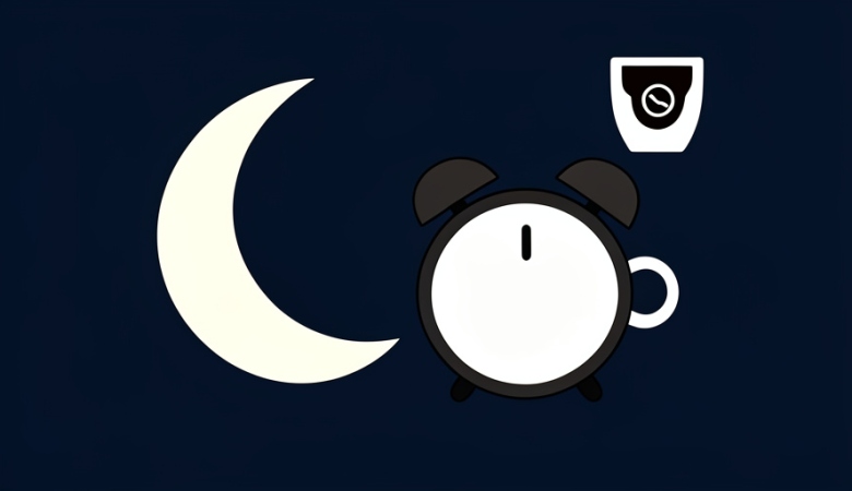 A crescent moon and a blank-faced alarm clock at night beside a crossed-out coffee cup