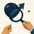Flat illustration of a balloon shaped like a growth arrow held under a magnifying glass with a pin nearby