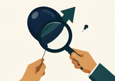 Flat illustration of a balloon shaped like a growth arrow held under a magnifying glass with a pin nearby
