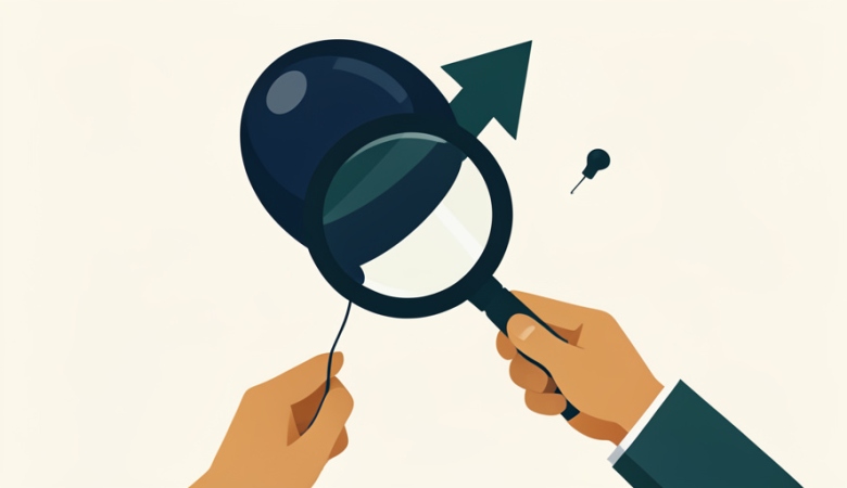 Flat illustration of a balloon shaped like a growth arrow held under a magnifying glass with a pin nearby
