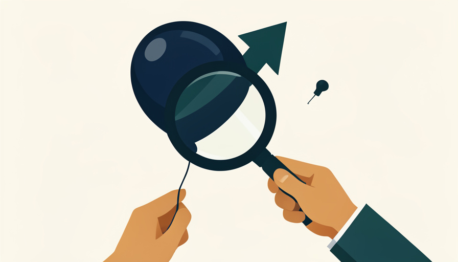 Flat illustration of a balloon shaped like a growth arrow held under a magnifying glass with a pin nearby