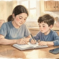 Parent and child reading a book together at a kitchen table with a phone set face-down nearby