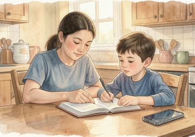 Parent and child reading a book together at a kitchen table with a phone set face-down nearby