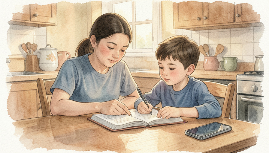 Parent and child reading a book together at a kitchen table with a phone set face-down nearby