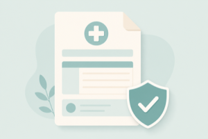 Flat illustration of a medical invoice with a shield checkmark representing protection from surprise bills