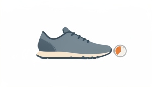 A minimalist illustration of a side-profile running shoe with a slightly flattened sole beside a small gauge dial