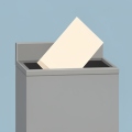 Plain ballot envelope being placed into a gray secure drop box on a blue background