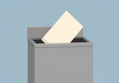 Plain ballot envelope being placed into a gray secure drop box on a blue background