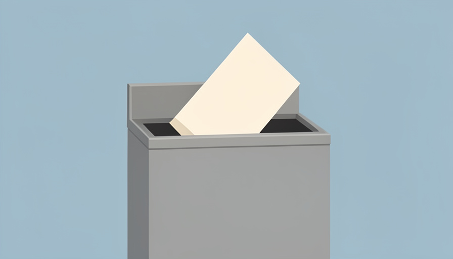 Plain ballot envelope being placed into a gray secure drop box on a blue background