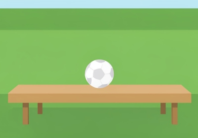 A single soccer ball resting on an empty substitutes' bench beside a green pitch