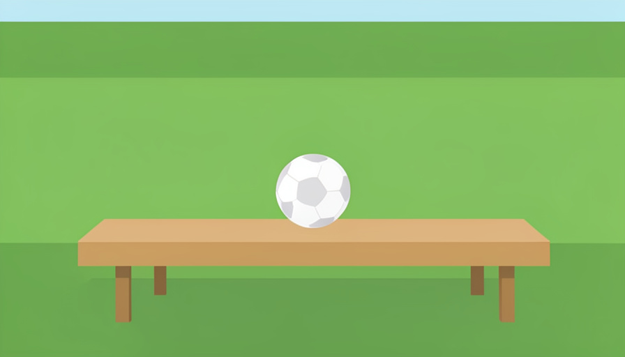 A single soccer ball resting on an empty substitutes' bench beside a green pitch