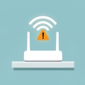 A minimalist illustration of a white home WiFi router with a signal icon above it and an orange warning triangle overlapping the signal